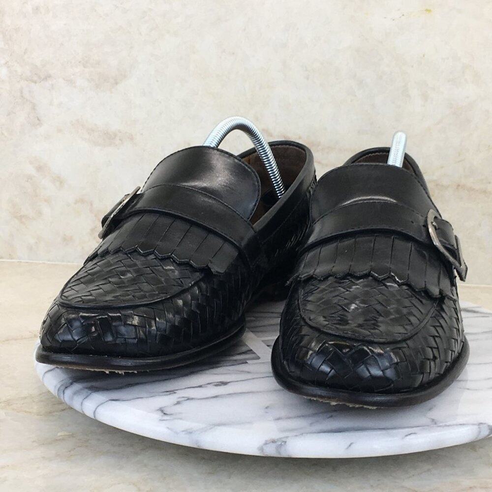 Bass Black JORDAN Woven Leather Loafer w Fringe and Buckle Men's Size 10M